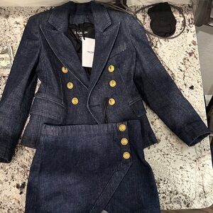 Balmain Navy Blazer and Skirt Set with Gold Buttons